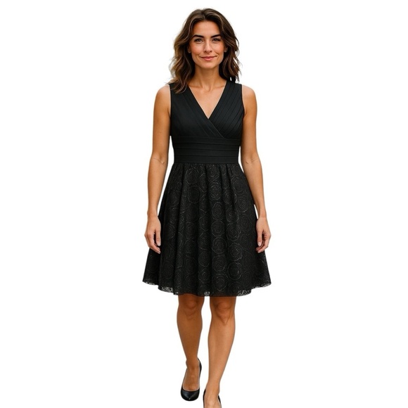 Adrianna Papell Women’s Black Sz 14P VNeck Pleated Bodice Rosette Soutache Dress - Picture 2 of 4